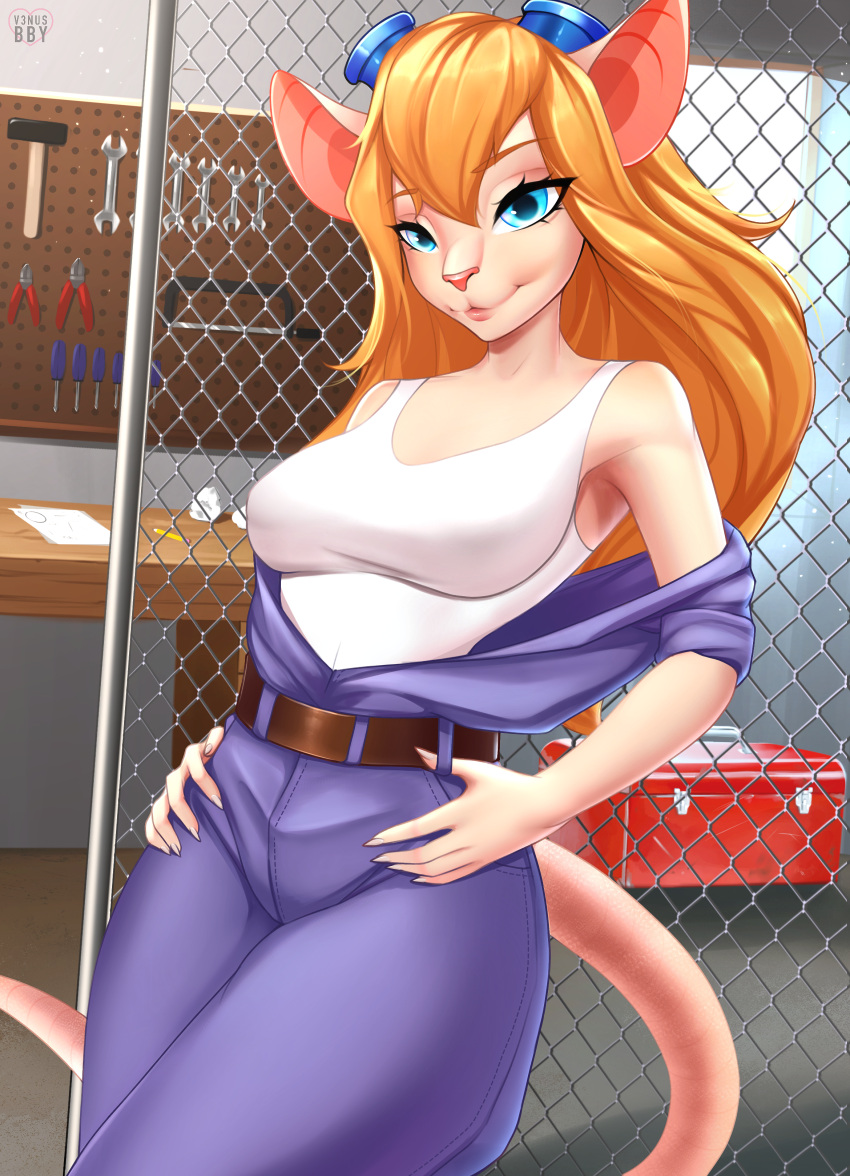 absurd_res anthro blue_eyes chip_'n_dale_rescue_rangers clothing disney female gadget_hackwrench hands_on_hips hi_res jumpsuit looking_at_viewer mammal mechanic mouse murid murine rodent smile smiling_at_viewer solo tools topwear v3nusbby