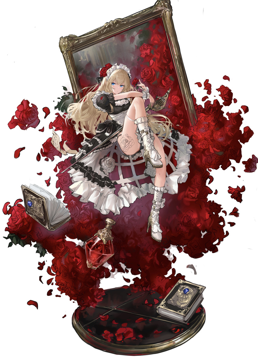 1girl absurdres apron ass ass_tattoo black_dress blonde_hair blue_eyes book boots bottle closed_mouth dress expressionless falling_petals flower frilled_dress frills full_body high_heel_boots high_heels highres holding holding_flower holding_sword holding_weapon long_hair looking_at_viewer maid maid_apron maid_headdress mirror original perfume_bottle petals puffy_short_sleeves puffy_sleeves red_flower red_rose rose rose_petals sawkm short_sleeves simple_background sitting sketch skindentation solo sword thigh_strap very_long_hair weapon white_background white_flower white_footwear white_rose wrist_cuffs