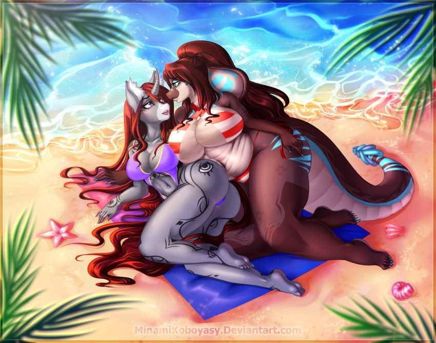 anthro beach bisexual_pride_colors chalice_(oc) cobra duo equid female female/female hi_res lgbt_pride mammal minamikoboyasy obese overweight pride_color_accessory pride_colors reptile scalie seaside selune_darkeye snake