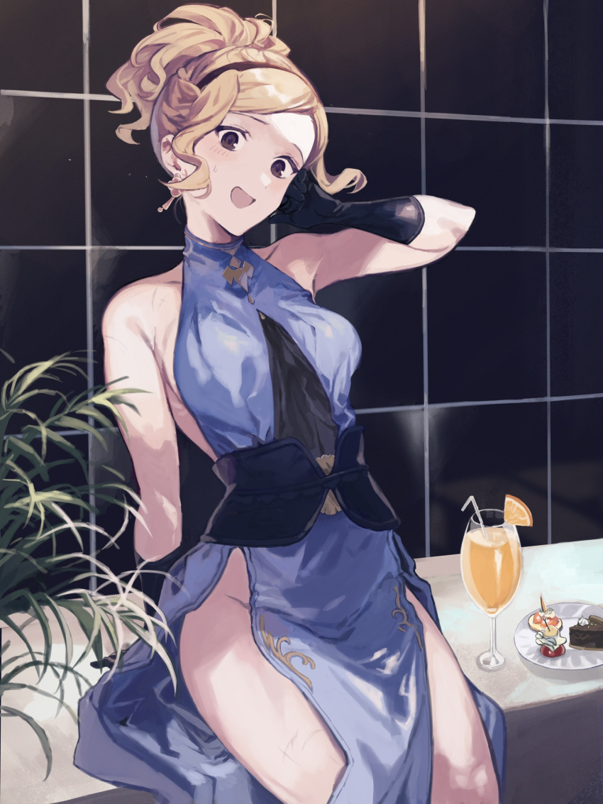 1girl arm_support bare_shoulders black_gloves blonde_hair blue_dress blush breasts brown_eyes cocktail_glass cup djeeta_(granblue_fantasy) dress drinking_glass earrings feet_out_of_frame food gloves granblue_fantasy groin hairband hand_up hashibiro_kou_(garapiko_p) highres indoors jewelry medium_breasts open_mouth pelvic_curtain plant plate ponytail short_hair side_slit sideboob sitting sleeveless sleeveless_dress smart_elegance_(granblue_fantasy) solo sweatdrop