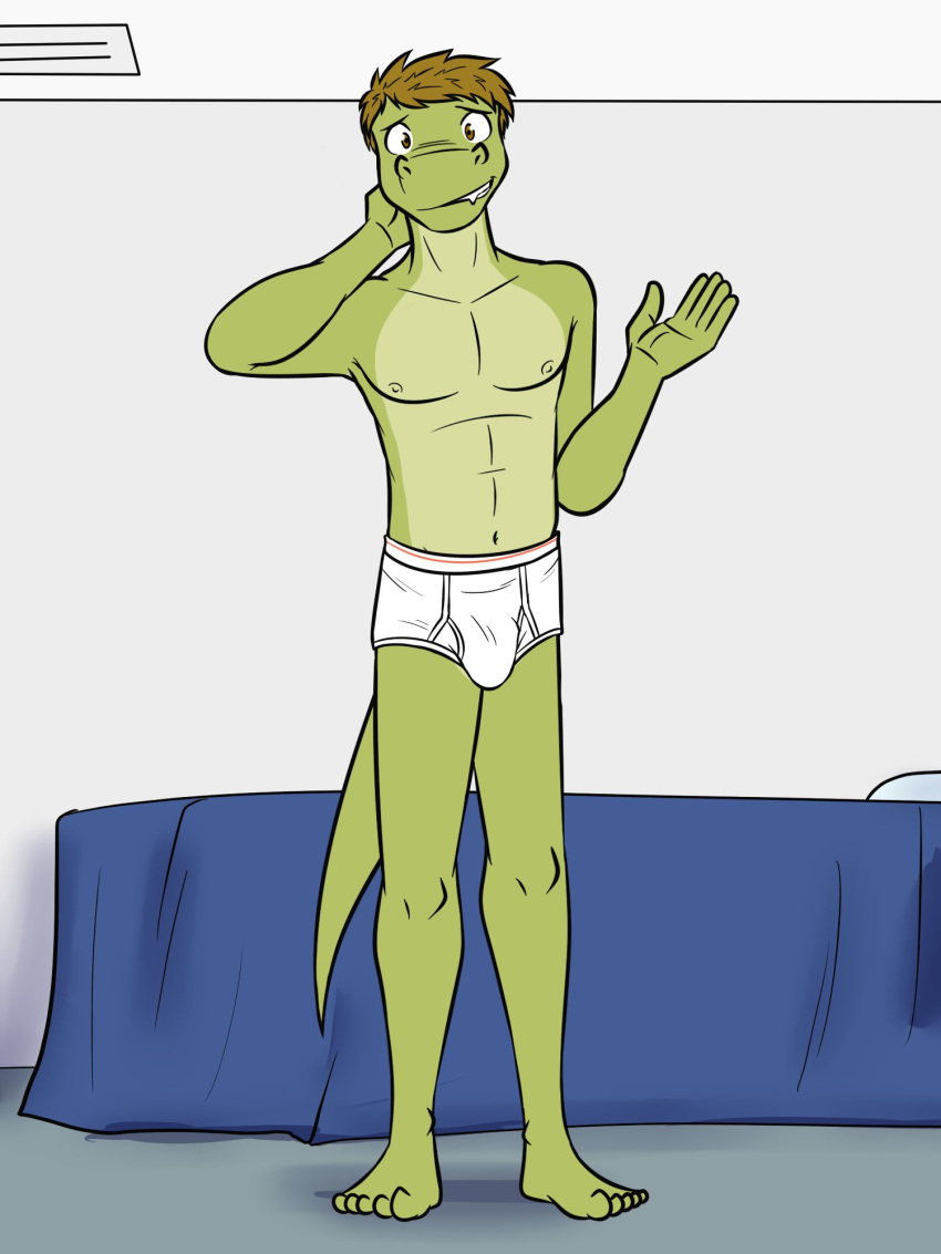 alligator alligatorid anthro bed briefs bulge clothed clothing crocodilian embarrassed full-length_portrait furniture fuze gabriel_(fuze) hi_res male navel nipples portrait reptile scalie solo tighty_whities topless underwear underwear_only white_clothing white_underwear