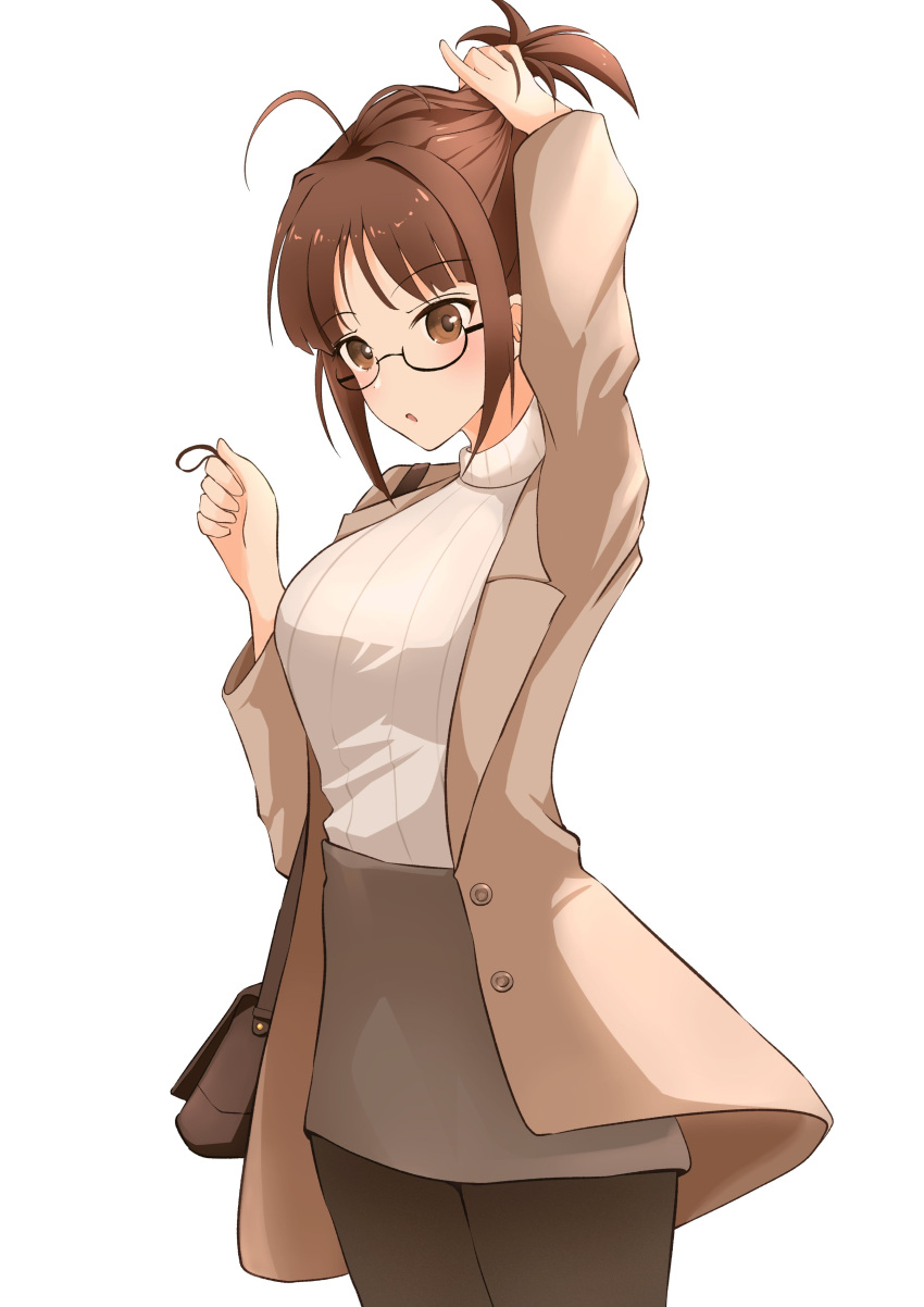 1girl :o absurdres ahoge akizuki_ritsuko b1ack_illlust bag black_legwear blush brown_coat brown_hair brown_skirt coat handbag highres idolmaster idolmaster_(classic) idolmaster_million_live! pantyhose ribbed_sweater rubber_band simple_background skirt solo sweater tying_hair white_background white_sweater