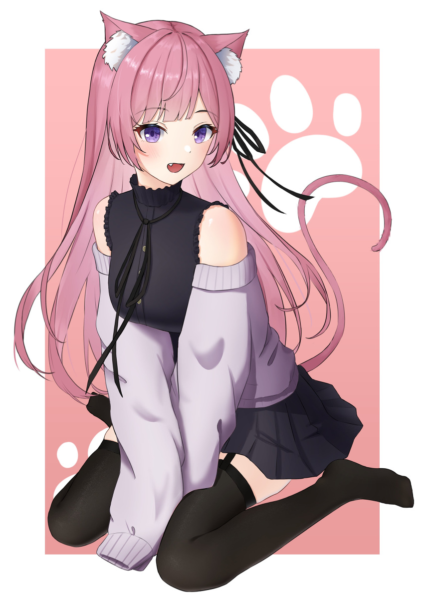 absurdres animal_ear_fluff animal_ears bangs bare_shoulders between_legs black_legwear black_ribbon black_shirt black_skirt breasts cat_ears cat_tail eyebrows_behind_hair fang frilled_shirt frilled_shirt_collar frills garter_belt hand_between_legs highres indie_virtual_youtuber jacket knees_together_feet_apart long_hair medium_breasts mikeneko_(utaite) niconico open_mouth patterned paw_print pink_hair purple_eyes ribbon seiza shirt sidelocks simple_background sitting skirt sleeveless sleeveless_shirt sweater_jacket tail two-tone_background water_(pixiv_55477293) white_background