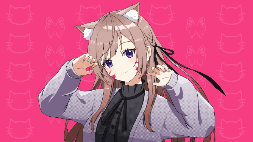 1girl absurdres animal_(vocaloid) animal_ear_fluff animal_ears black_dress black_ribbon braid brown_hair cat_ears cat_girl commentary dress facepaint green_nails highres indie_virtual_youtuber jacket long_hair mikeneko_(utaite) multicolored_nails niconico pink_background purple_eyes purple_jacket purple_nails ribbon smile utaite_(singer) water_(pixiv_55477293)