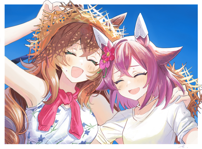 2girls animal_ears blush breasts brown_hair casual closed_eyes flower hair_between_eyes hair_flower hair_ornament hat highres horse_ears horse_girl long_hair maruzensky_(umamusume) medium_breasts multiple_girls open_mouth pink_hair rosette_(roze-ko) sakura_chiyono_o_(umamusume) sky straw_hat sweat umamusume