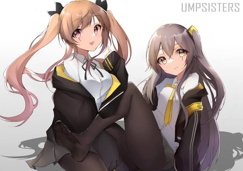 2girls absurdres bangs black_jacket black_legwear breasts brown_hair closed_mouth english_text eyes_visible_through_hair girls'_frontline grey_skirt hair_ornament hairclip hand_on_floor highres jacket kneeling long_hair long_sleeves looking_at_viewer medium_breasts multiple_girls neck_ribbon necktie on_floor open_clothes open_jacket open_mouth pantyhose purple_eyes ribbon scar scar_across_eye shadow shirt side_ponytail simple_background skirt small_breasts smile soles twintails ump45_(girls'_frontline) ump9_(girls'_frontline) white_shirt yanwulazy yellow_eyes yellow_necktie