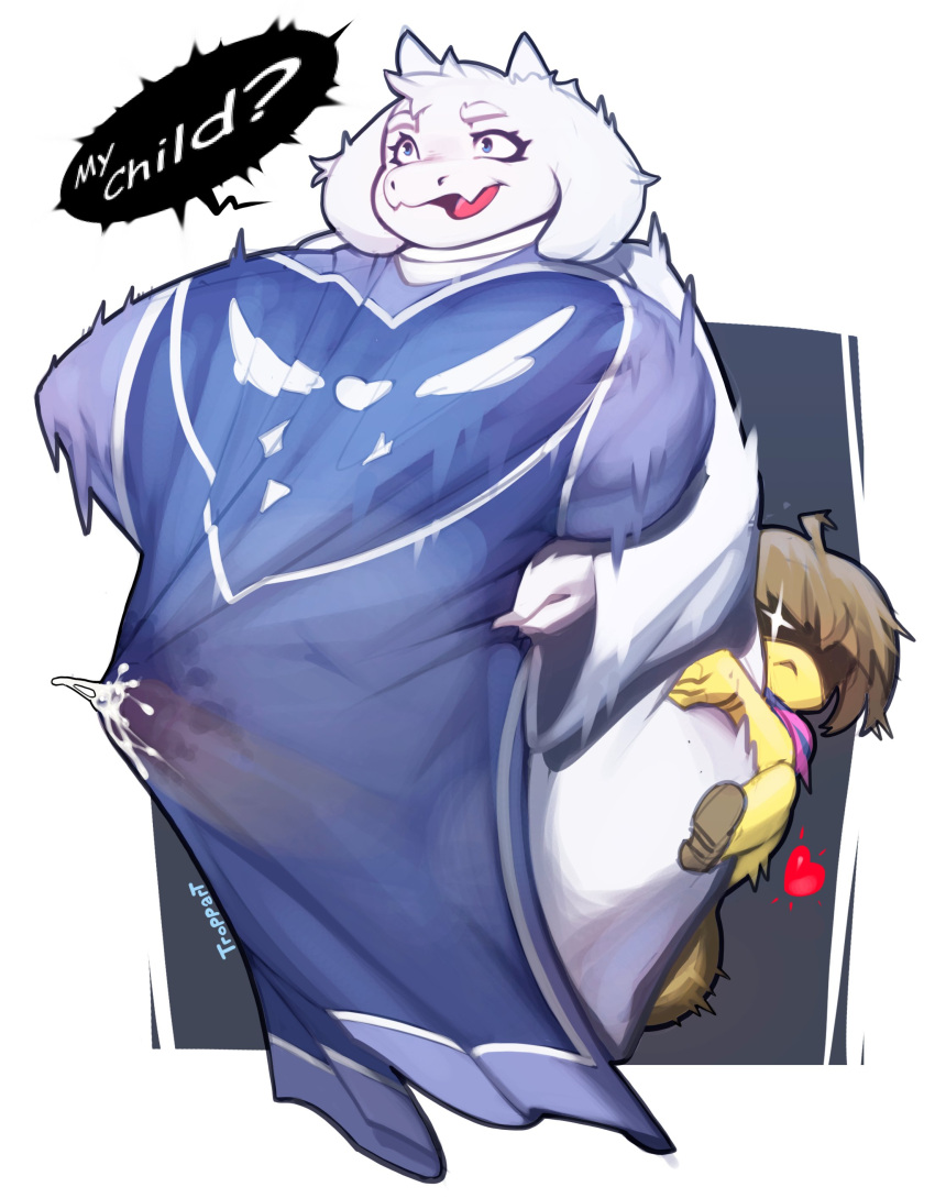 &lt;3 absurd_res anthro balls belly big_balls big_belly big_breasts big_penis blue_eyes bodily_fluids boss_monster bovid breasts brown_hair caprine clothing duo english_text erection female floppy_ears footwear frisk_(undertale) fur genital_fluids genitals goat hair hi_res huge_balls huge_breasts huge_penis huge_thighs human hyper hyper_genitalia hyper_penis male male/female mammal nipple_outline open_mouth overweight overweight_anthro overweight_female penis precum precum_through_clothing question_mark robe sex shirt shoes speech_bubble t_roppart1 tan_body tan_skin text thick_thighs thigh_sex topwear toriel undertale undertale_(series) video_games wet wet_clothing white_body white_fur