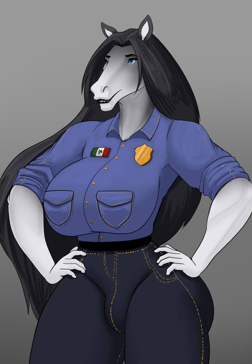 2022 4_toes 5_fingers absurd_res anthro big_breasts black_body black_fur black_hair black_lips blue_eyes breasts bulge close-up clothed clothing equid equine feet fernanda fingers fur gynomorph hair hi_res high_heels horse intersex lips long_hair mammal mature_anthro mature_gynomorph mature_intersex mexican mexican_flag mexico multicolored_body multicolored_fur pancarta police police_officer police_uniform signature simple_background solo thick_bottom_lip thick_thighs toes two_tone_body two_tone_fur uniform white_body white_fur wide_hips