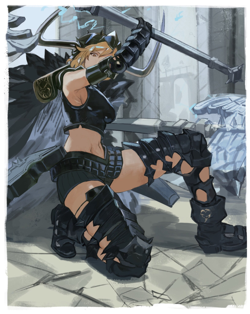 1girl arm_up armor axe bangs battle_axe blonde_hair boobplate boots breastplate breasts cape clothing_cutout cuisses djeeta_(granblue_fantasy) dual_wielding elbow_pads fake_horns fur-trimmed_cape fur_trim gauntlets granblue_fantasy greaves hashibiro_kou_(garapiko_p) helmet highres holding holding_axe horned_helmet horns huge_weapon looking_at_viewer midriff navel one_knee short_hair shoulder_armor sideboob solo viking_(granblue_fantasy) weapon