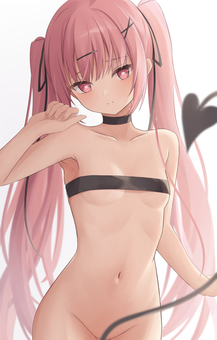 1girl absurdres armpits bandeau bangs bare_arms bare_shoulders black_choker black_ribbon breasts bright_pupils choker collarbone demon_tail english_commentary groin hair_ornament hairclip head_tilt heart heart-shaped_pupils highres long_hair looking_at_viewer navel no_panties original pink_eyes pink_hair ribbon sidelocks simple_background small_breasts smile solo stomach strapless symbol-shaped_pupils tail tail_censor twinn_22 twintails white_background white_pupils