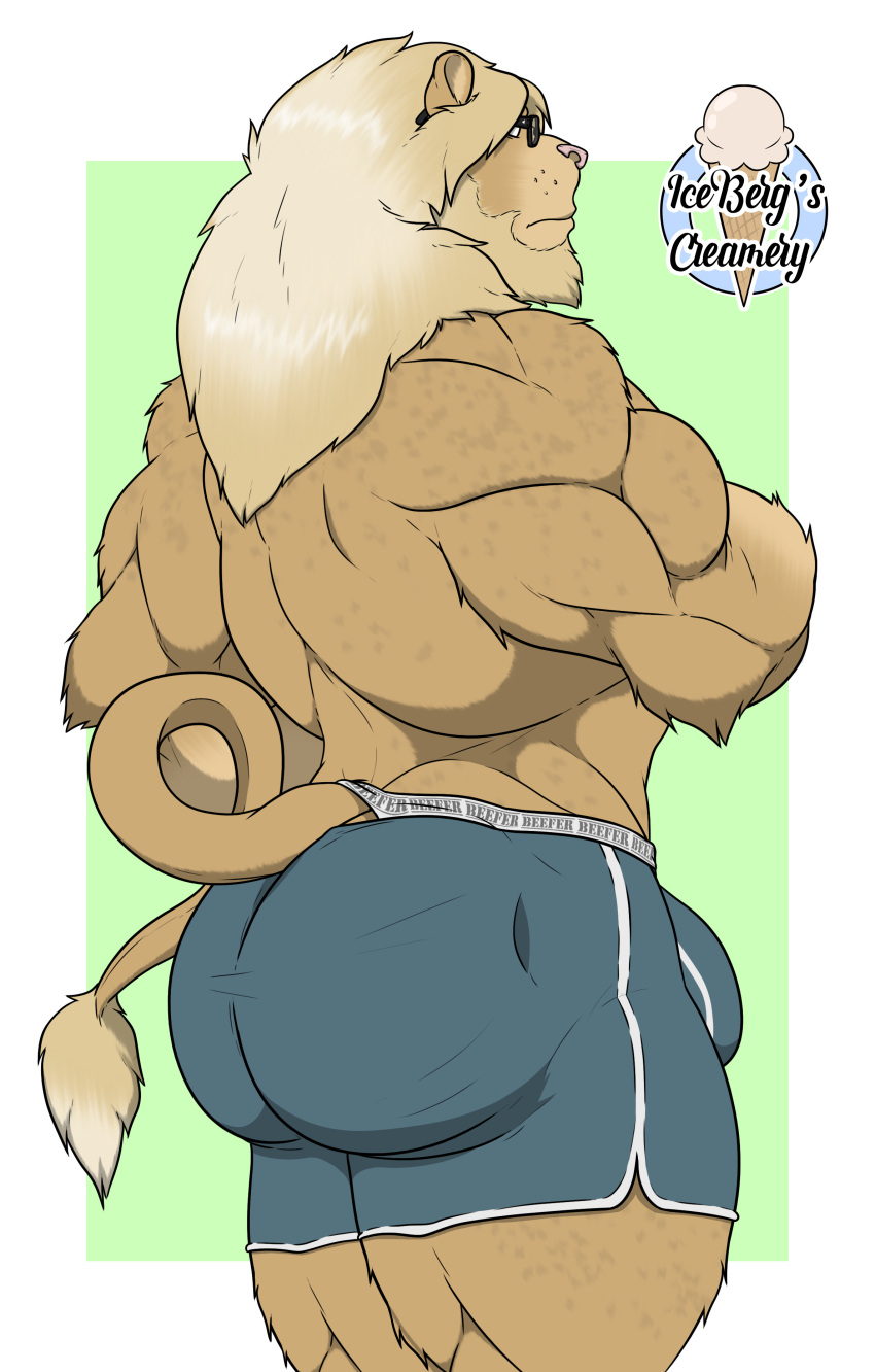 1ceberg absurd_res anthro big_butt boxer_briefs bulge butt clothing eyewear felid glasses hi_res lion male mammal mane muscular muscular_male pantherine raised_tail rear_view solo standing tight_clothing underwear