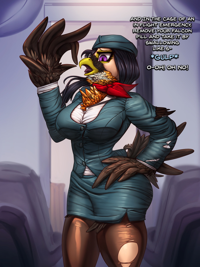 aircraft airplane anthro ascot avian beak big_breasts bird bottomwear breasts businesswear chest_tuft clothing dialogue falcon falconid feather_hands feathers female flight_attendant general-irrelevant hand_on_hip hat headgear headwear hi_res human human_to_anthro mammal purple_eyes skirt solo species_transformation standing suit torn_clothing transformation tuft wide_hips winged_arms wings