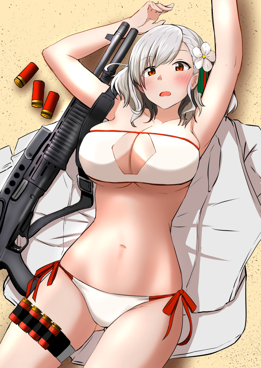 1girl absurdres aizawa_u-ji bangs beach bikini blush breasts cleavage collarbone feet_out_of_frame flower from_above girls'_frontline grey_hair gun hair_flower hair_ornament hair_ribbon hand_up highres large_breasts looking_at_viewer lying medium_hair navel official_alternate_costume on_back open_mouth red_eyes ribbon sand shell_casing shotgun solo spas-12 spas-12_(girls'_frontline) spas-12_(midsummer_fruit)_(girls'_frontline) swimsuit weapon white_bikini white_swimsuit