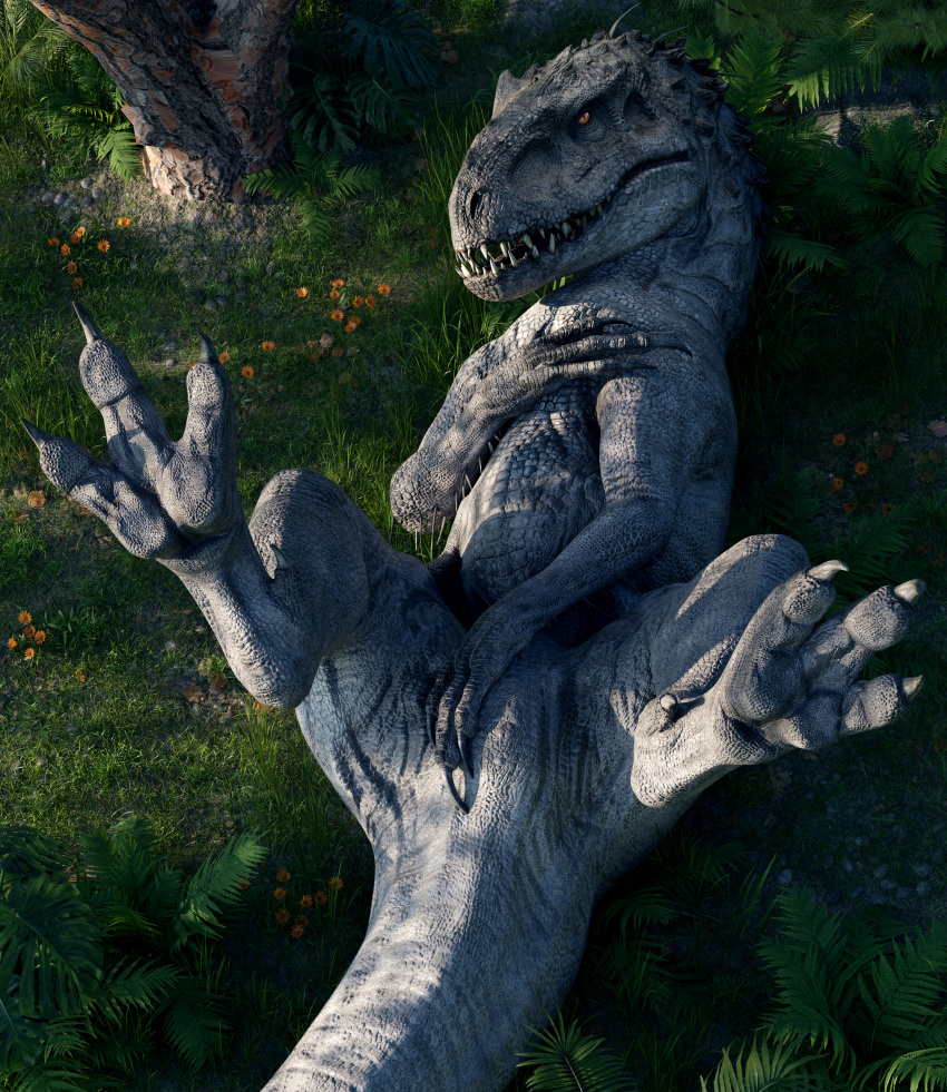 2022 3_toes 3d_(artwork) absurd_res claws detailed_background dewclaw digital_media_(artwork) dinosaur feet female feral fern flower foot_focus forest gesture grass grey_body grey_scales hand_on_chest hi_res indominus_rex ivorylagiacrus jurassic_park jurassic_world looking_at_viewer lying on_back on_ground open_mouth orange_eyes outside paws plant presenting reptile scales scalie seductive sharp_claws sharp_teeth solo spikes spread_legs spreading suggestive suggestive_gesture suggestive_pose teeth theropod toe_claws toes tree universal_studios white_body white_scales