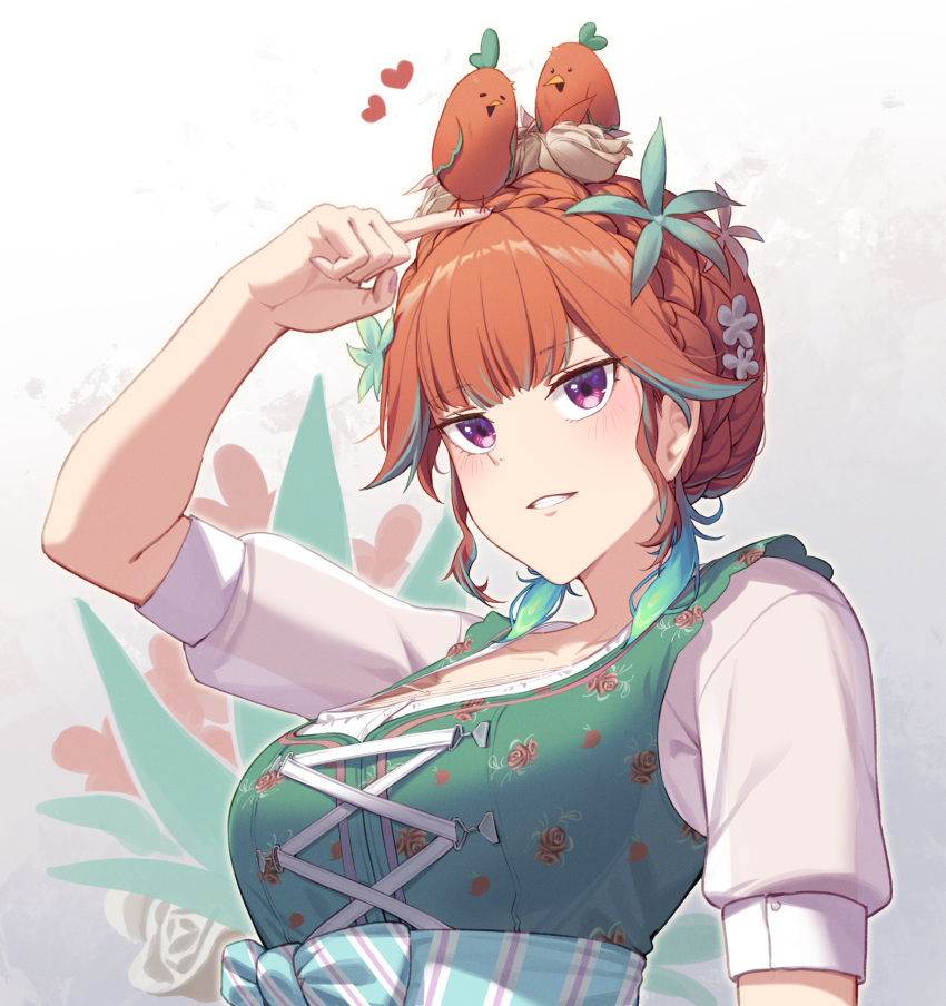 1girl animal_on_head arm_up bangs bird bird_on_hand braid collarbone commentary commentary_request cross-laced_clothes crown_braid dirndl dress english_commentary erezu floral_background floral_print flower german_clothes green_dress green_flower green_hair hair_flower hair_ornament heart highres hololive hololive_english index_finger_raised kotori_(takanashi_kiara) looking_at_viewer mixed-language_commentary multicolored_hair on_head orange_hair parted_lips print_dress purple_eyes see-through see-through_sleeves shiny shiny_hair shirt short_hair short_sleeves sidelocks sleeveless sleeveless_dress streaked_hair takanashi_kiara upper_body virtual_youtuber white_background white_flower white_shirt