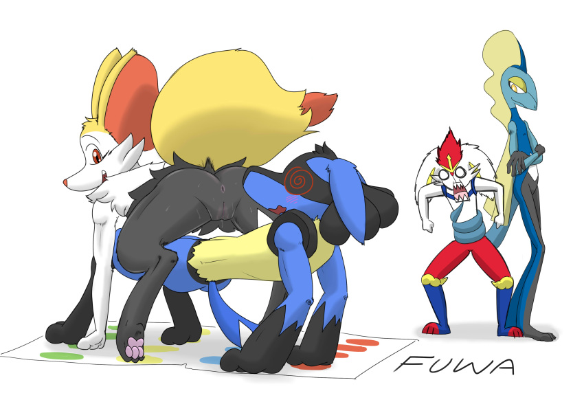 absurd_res angry anthro anus blue_body blue_fur blush braixen canid canine cinderace feet female fox fur genitals grey_body grey_fur group hi_res inteleon lagomorph lucario male mammal mr_fuwa nintendo orange_body orange_eyes orange_fur paws pok&eacute;mon pok&eacute;mon_(species) presenting presenting_anus presenting_pussy pussy raised_tail red_body red_fur simple_background spiral_eyes teasing twister video_games yellow_body yellow_fur