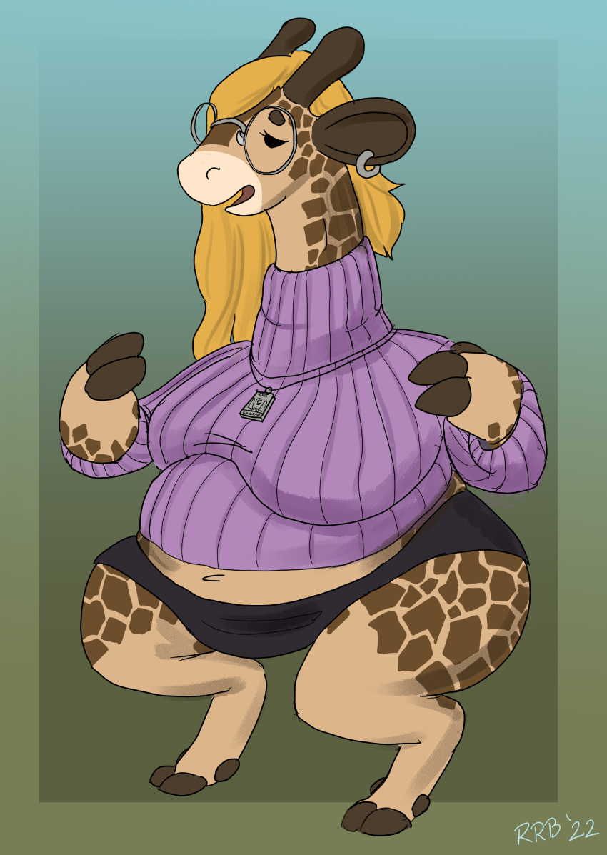 absurd_res anthro clothing eyewear giraffe giraffid glasses hi_res mammal overweight runrabbitbounce short_stack slightly_chubby sweater thick_thighs topwear