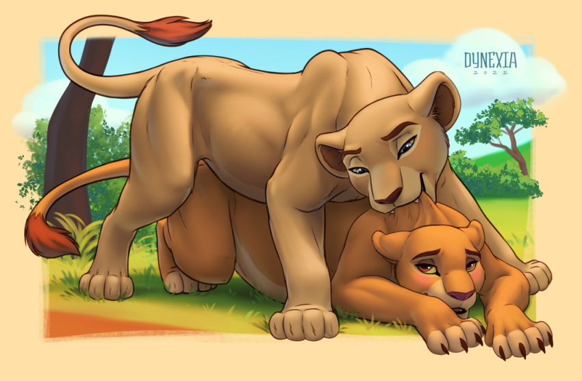2022 bite blue_eyes blush brown_eyes claws crouching daughter disney duo dynexia felid female female/female feral feral_on_feral from_behind_position fur grass incest_(lore) kiara lion mammal mother mother_and_child mother_and_daughter mounting multicolored_body multicolored_fur nala neck_bite orange_body orange_fur outside pantherine parent parent_and_child plant scruff_biting sex smile tan_body tan_fur the_lion_king tree two_tone_body two_tone_fur yellow_sclera