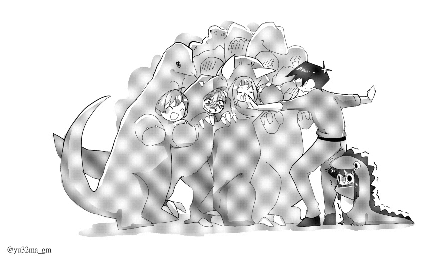 1boy 3girls 6+others :d ^_^ absurdres antenna_hair blush closed_eyes commentary dinosaur_costume drooling faceless greyscale happy highres holding_another's_leg jurassic_world komi-san_wa_komyushou_desu komi_shouko long_hair meme minigirl monochrome multiple_girls multiple_others open_mouth osana_najimi_(komi-san_wa_komyushou_desu) outstretched_arms pants prattkeeping_(meme) saliva scared shirt shoes short_hair smile spread_arms standing tadano_hitohito teeth trembling twitter_username upper_teeth yadano_makeru yamai_ren yu32ma_gm