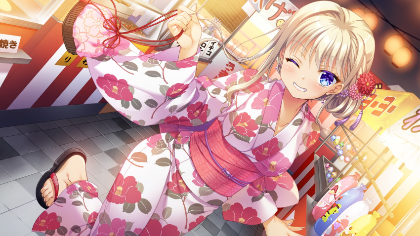 1girl ambitious_mission bangs blonde_hair blush dutch_angle festival floral_print game_cg grin highres hongou_nijimu japanese_clothes kimono long_hair long_sleeves looking_at_viewer moribe_(rabumanyo) official_art photoshop_(medium) sandals smile solo