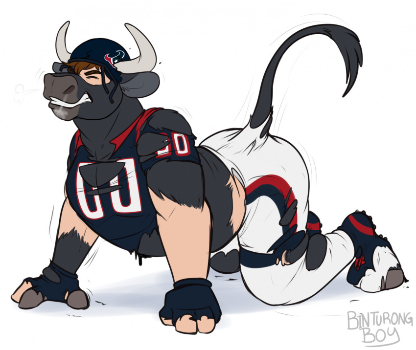 all_fours anthro binturongboy bottomwear bovid bovine breath cattle clenched_teeth clothing eyes_closed football_helmet football_player football_uniform hg3300 hooves horn houston_texans human human_to_anthro male mammal nfl pants simple_background solo species_transformation tail_tuft teeth torn_clothing transformation tuft white_background