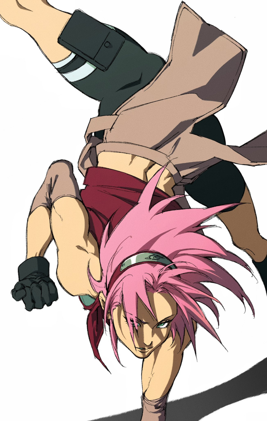 1girl bike_shorts black_gloves compression_sleeve forehead_protector gloves green_eyes haruno_sakura highres konohagakure_symbol naruto_(series) naruto_shippuuden pink_hair punching serious short_hair simple_background split toned umkaqryi upside-down white_background