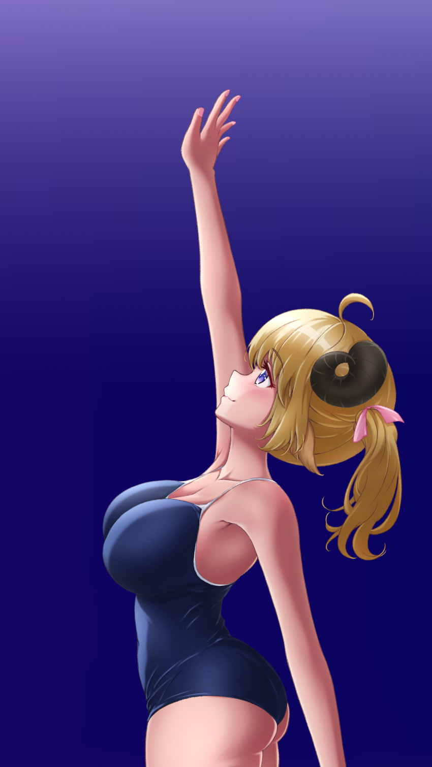 1girl absurdres ahoge animal_ears arm_up ass bare_arms bare_shoulders blonde_hair blue_background blue_eyes breasts collarbone commentary cowboy_shot english_commentary from_side highres hololive horns impossible_clothes impossible_swimsuit large_breasts long_hair p-nekoe profile school_swimsuit sheep_ears sheep_girl sheep_horns simple_background smile solo swimsuit tsunomaki_watame twintails virtual_youtuber
