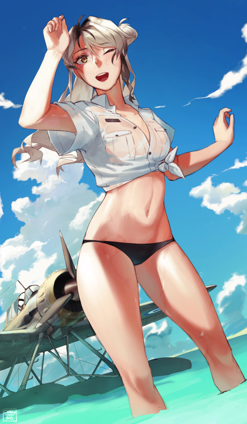 1girl absurdres black_panties blonde_hair blue_sky brown_eyes dangodes english_commentary hair_bun highres long_hair looking_at_another navel ocean one_eye_closed original panties propeller roundel seaplane see-through see-through_shirt shirt sky smile solo tied_shirt underwear wading water wet wet_clothes wet_shirt white_shirt