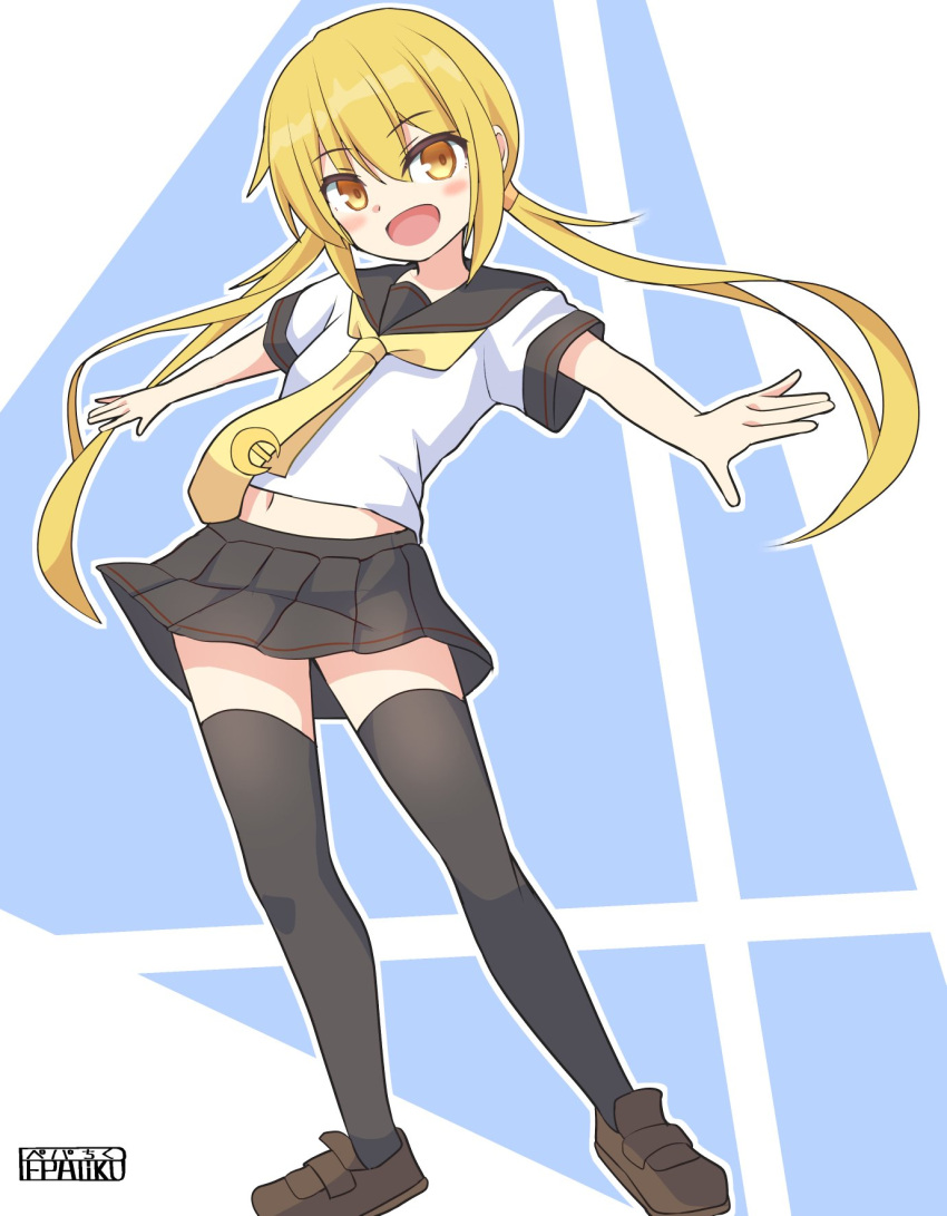 artist_logo black_legwear blonde_hair crescent crescent_pin highres kantai_collection long_hair navel pepatiku pleated_skirt sailor_collar satsuki_(kancolle) school_uniform serafuku skirt smile thighhighs twintails yellow_eyes zettai_ryouiki