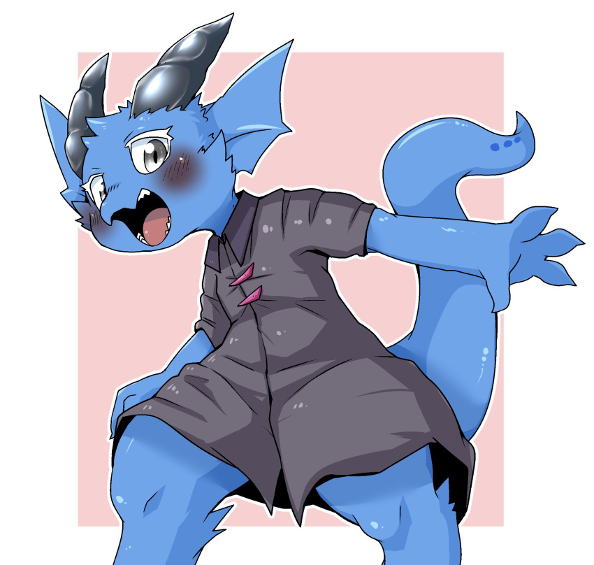 anthro blue_body blue_fur blush claws clothing doneru dragon dress fangs frill_(anatomy) fur furred_dragon hi_res horn pose simple_background smile solo