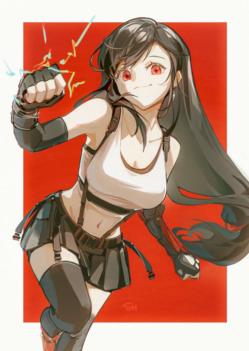 1girl bare_shoulders black_hair black_legwear black_skirt breasts crop_top detached_sleeves earrings final_fantasy final_fantasy_vii final_fantasy_vii_remake fingerless_gloves gloves highres jewelry large_breasts long_hair looking_at_viewer low-tied_long_hair midriff navel red_eyes red_footwear shir_l1 skirt solo suspender_skirt suspenders tank_top thighhighs tifa_lockhart white_tank_top zettai_ryouiki