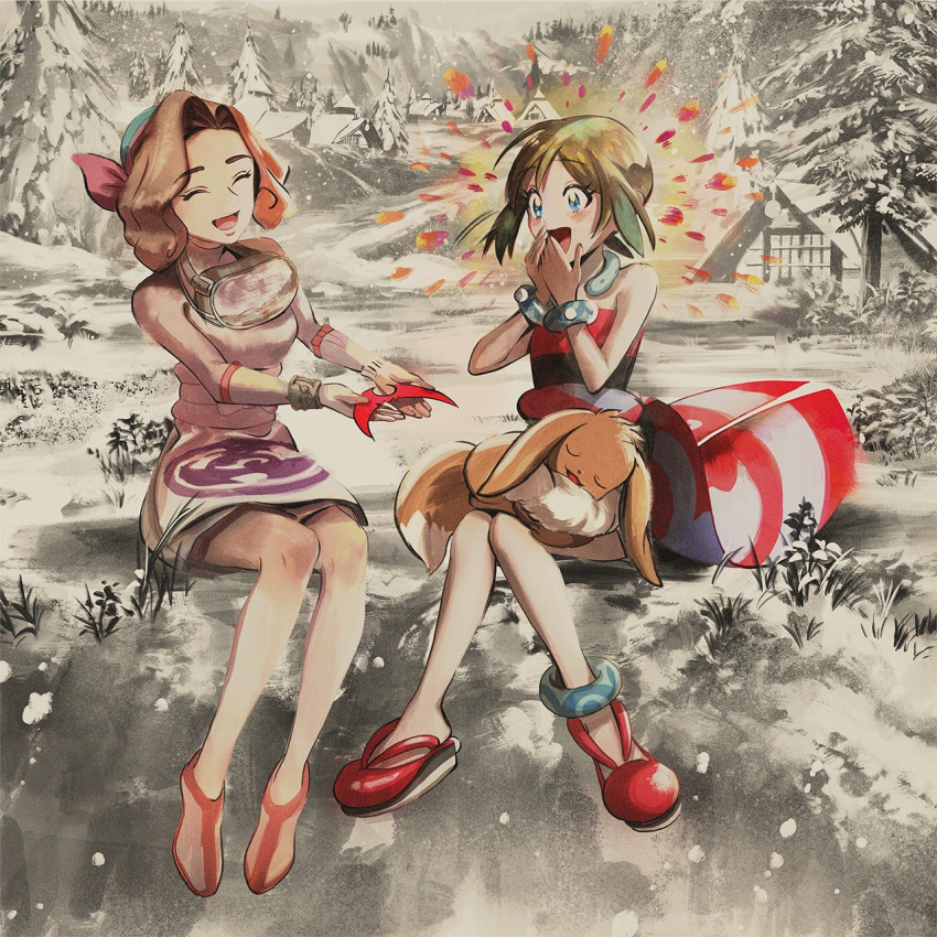 2girls :d anklet bandana bangs blonde_hair blue_eyes bracelet brown_hair closed_eyes commentary_request eevee eyelashes hands_up highres holding_hairband irida_(pokemon) jewelry knees long_sleeves multiple_girls official_art on_lap open_mouth outdoors palina_(pokemon) pokemon pokemon:_hisuian_snow pokemon_(creature) pokemon_on_lap red_footwear shirt shoes sitting smile strapless strapless_shirt tongue