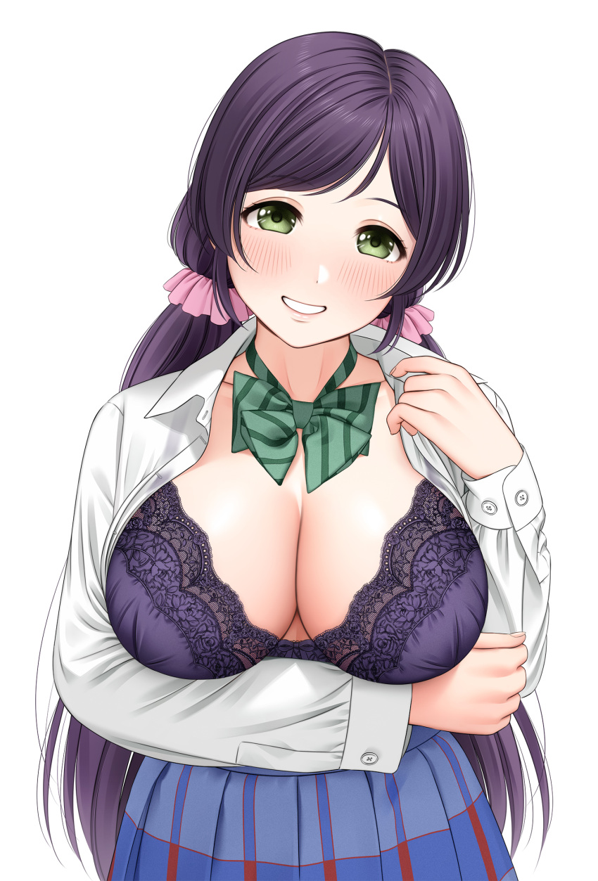 1girl arm_under_breasts bangs blue_skirt blush bow bowtie bra breasts buttons cleavage collared_shirt commentary_request cowboy_shot dress_shirt fingernails floral_print green_bow green_bowtie green_eyes grin hair_ornament hair_scrunchie hand_up head_tilt highres lace-trimmed_bra lace_trim large_breasts long_hair long_sleeves love_live! love_live!_school_idol_project low_twintails open_clothes open_shirt otonokizaka_school_uniform parted_lips pink_scrunchie plaid plaid_skirt print_bra purple_bra purple_hair rose_print school_uniform scrunchie shirt simple_background skirt smile solo standing striped striped_bow striped_bowtie swept_bangs toujou_nozomi twintails underwear very_long_hair white_background white_shirt yonsi