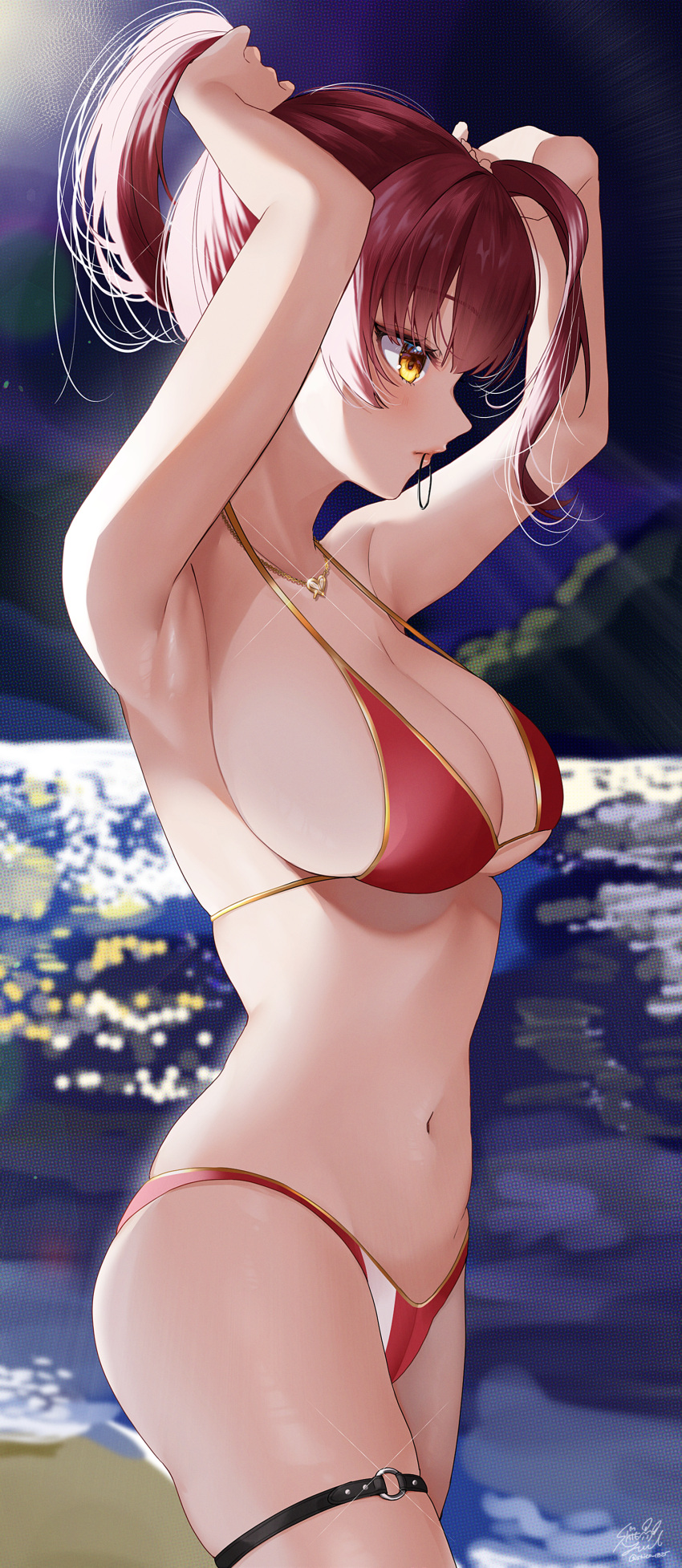 1girl absurdres armpits bangs bare_shoulders bikini blush breasts cleavage highres hololive houshou_marine jewelry large_breasts looking_at_viewer medium_hair navel necklace ponytail red_hair solo swimsuit thigh_strap virtual_youtuber yellow_eyes yuuyu_(moco20111115)