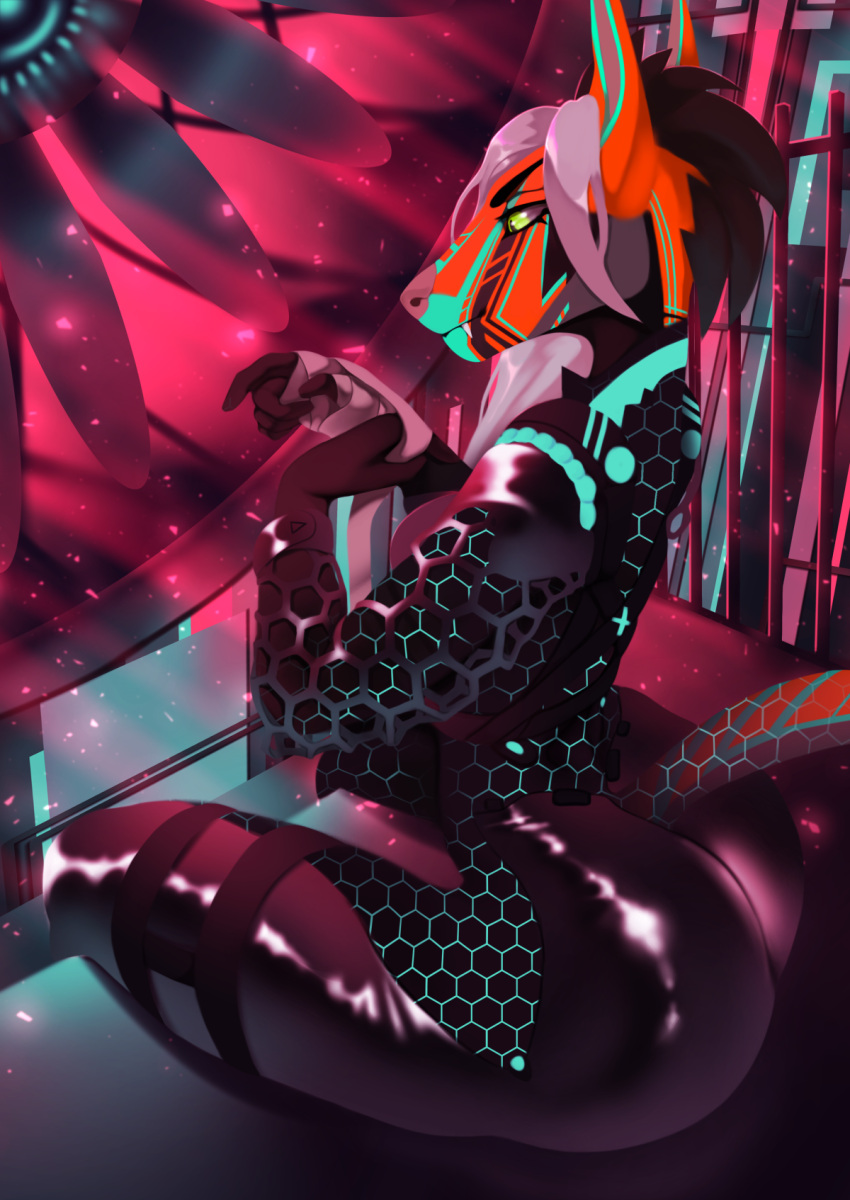 anthro canid canine canis claws clothing cyberpunk dinosaur dromaeosaurid feathers female hi_res indominusssd jackal liloli_(artist) lustina mammal pinup pose reptile rubber rubber_clothing rubber_suit scalie sokolovo solo theropod