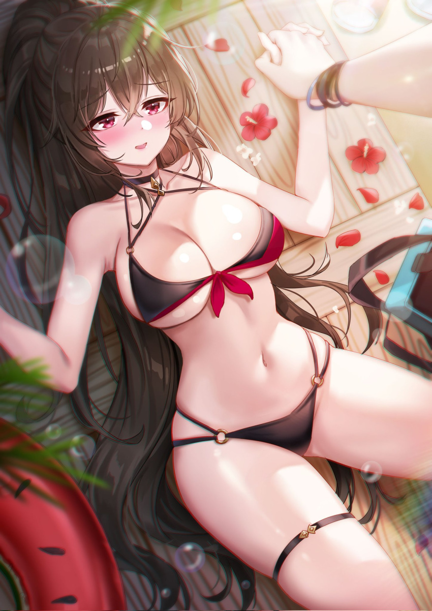 1girl armpits bare_arms bare_shoulders bikini black_bikini black_choker black_hair blush breasts choker cleavage flower front-tie_bikini front-tie_top halter_top halterneck highres holding_hands iris_yuma large_breasts long_hair looking_at_viewer lying multi-strapped_bikini navel nose_blush o-ring o-ring_bikini on_back open_mouth petals picter ponytail red_eyes red_flower smile solo soul_worker stomach string_bikini swimsuit tatami thigh_strap thighs very_long_hair