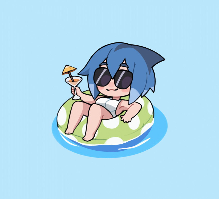 1girl :3 afloat animated animated_gif armpits azuumori bangs bare_shoulders bikini blue_background blue_hair blush_stickers bob_cut breasts chibi closed_mouth cup english_commentary full_body green_innertube hair_between_eyes hand_up highres holding holding_cup medium_breasts medium_hair multicolored_hair original polka_dot_innertube shark_girl_(azuumori) simple_background solo sunglasses swimsuit thick_eyebrows two-tone_hair water white_bikini