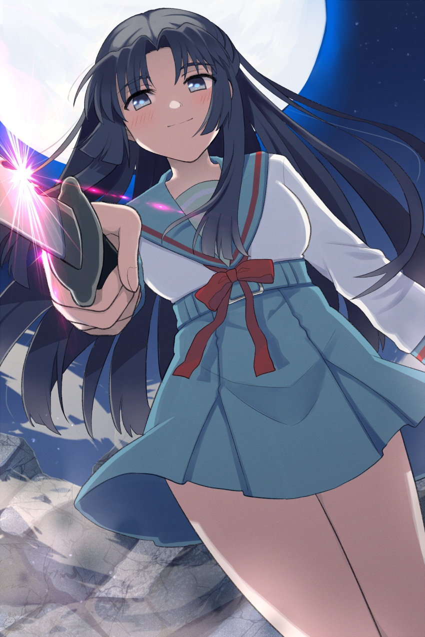 1girl absurdres asakura_ryouko bangs belt blue_belt blue_eyes blue_hair blue_sailor_collar blue_skirt blush closed_mouth commentary_request gum_(vivid_garden) half_updo highres holding holding_knife kita_high_school_uniform knife long_hair long_sleeves parted_bangs red_ribbon ribbon sailor_collar school_uniform serafuku skirt smile solo suzumiya_haruhi_no_yuuutsu