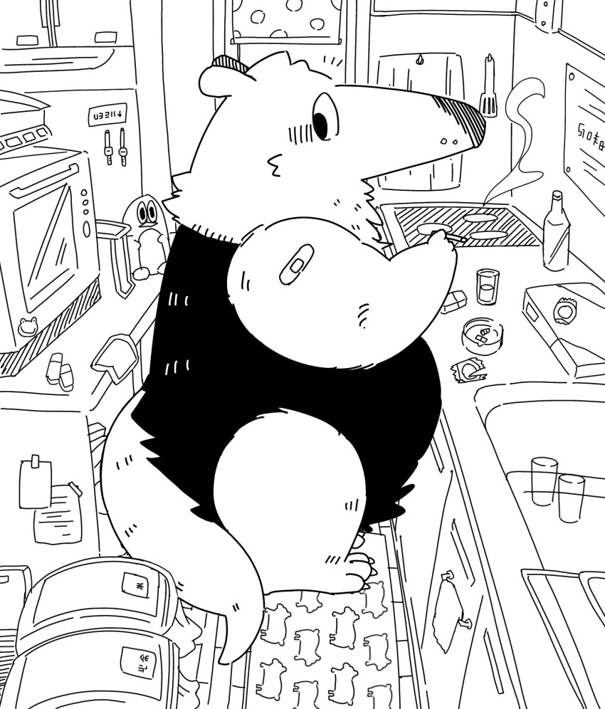 2022 anteater anthro appliance band-aid bandage belly biped detailed_background gayousi7 hi_res inside kemono kitchen kitchen_appliance kitchen_utensils mammal microwave_oven overweight pilosan smoking solo tools xenarthran