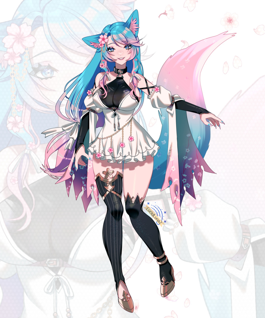 1girl animal_ears asymmetrical_legwear blue_eyes blue_hair breasts dress flower fox_ears fox_girl fox_tail full_body hair_flower hair_ornament highres large_breasts long_hair looking_at_viewer lucid_luna multicolored_hair pink_hair silvervale solo tail thighhighs very_long_hair virtual_youtuber vshojo white_background