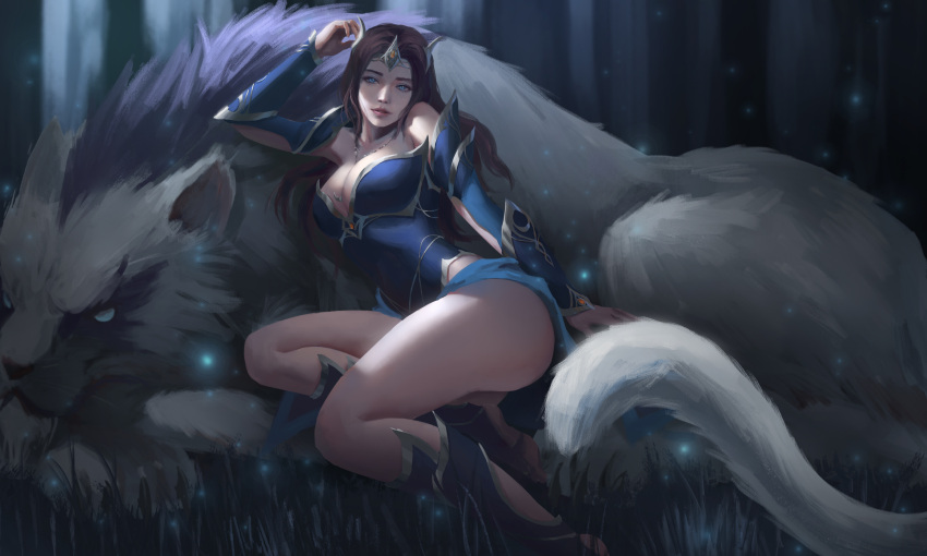 1girl armor armored_boots armored_dress barefoot blue_eyes boots breasts brown_hair circlet cleavage dota_(series) dota_2 forest gauntlets grass highres lion lips long_hair looking_at_viewer mirana_nightshade nature outdoors solo toes tree yuwei_li