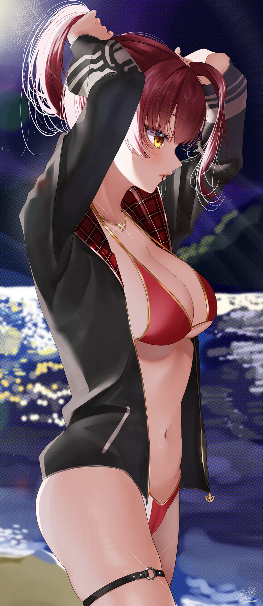 1girl absurdres armpits bangs bare_shoulders bikini blush breasts cleavage highres hololive houshou_marine jacket jewelry large_breasts looking_at_viewer medium_hair navel necklace ponytail red_hair red_jacket solo swimsuit thigh_strap virtual_youtuber yellow_eyes yuuyu_(moco20111115)