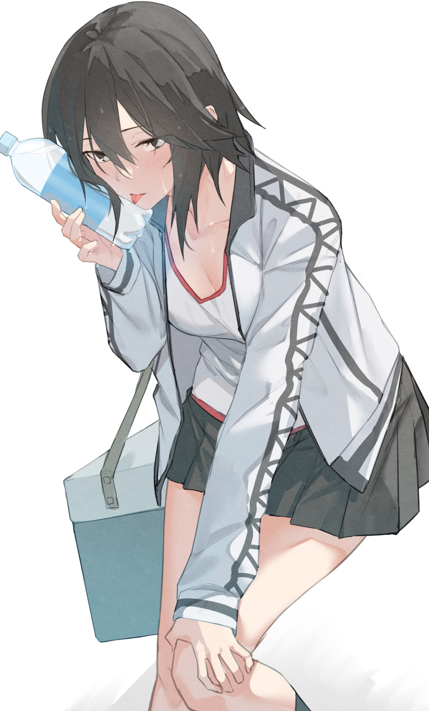 1girl absurdres black_hair black_skirt bottle_to_cheek cooler feet_out_of_frame grey_eyes gym_shirt gym_uniform hand_on_own_knee hayasui_(kancolle) highres jacket kantai_collection leaning_forward miniskirt open_clothes pleated_skirt shirt short_hair simple_background skirt solo tongue tongue_out track_jacket uru_rthn_ue white_background white_jacket white_shirt