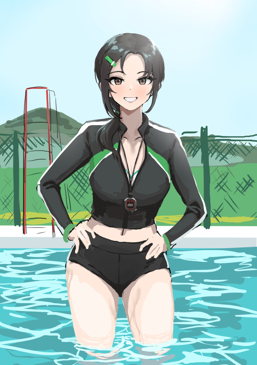 1girl absurdres black_hair chain-link_fence collarbone fence grin hands_on_hips highres idolmaster idolmaster_cinderella_girls looking_at_viewer navel outdoors pool rash_guard rookie_trainer side_ponytail smile solo stopwatch stopwatch_around_neck trainer_(idolmaster) ushimochi wading