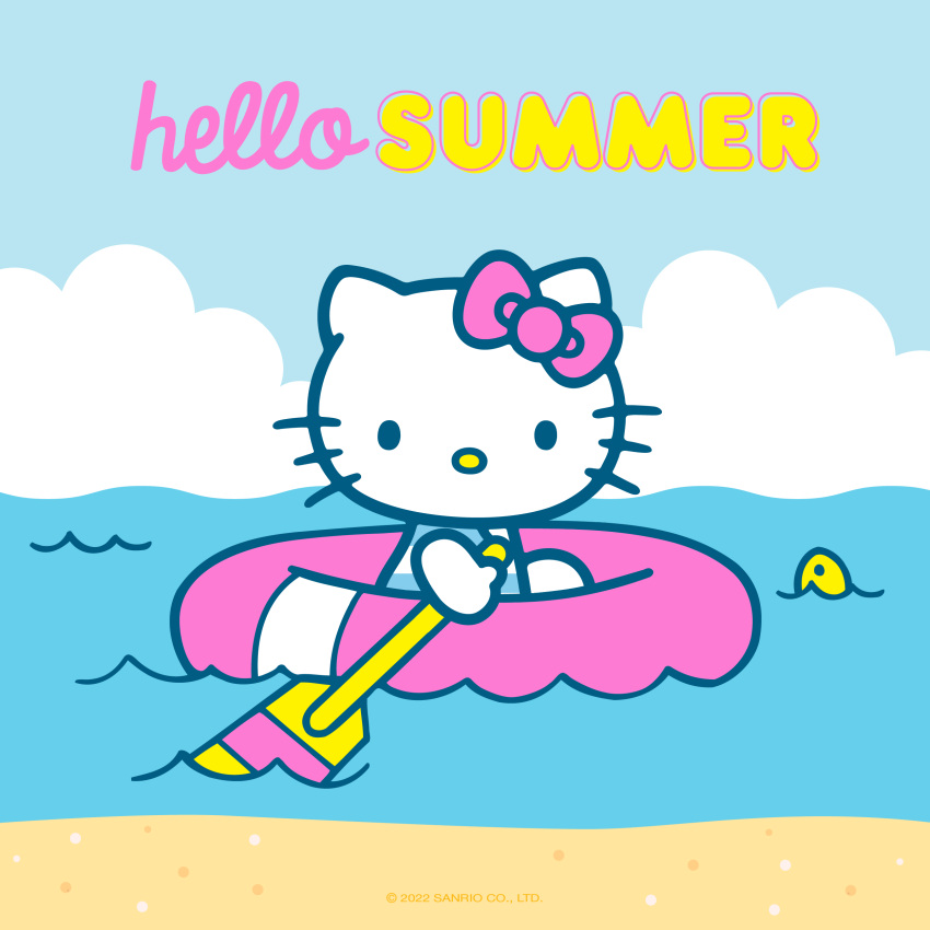 2022 absurd_res anthro beach black_eyes boat clothed clothing cloud domestic_cat ear_bow english_text felid feline felis female hello_kitty_(character) hello_kitty_(series) hi_res holding_object holding_paddle looking_at_viewer mammal mouthless o_o on_boat outside paddle sand sanrio sea seaside simple_eyes sitting sky small_eyes solo summer swimwear text toony unknown_artist vehicle water watercraft whiskers white_body white_ears wide_eyed yellow_nose