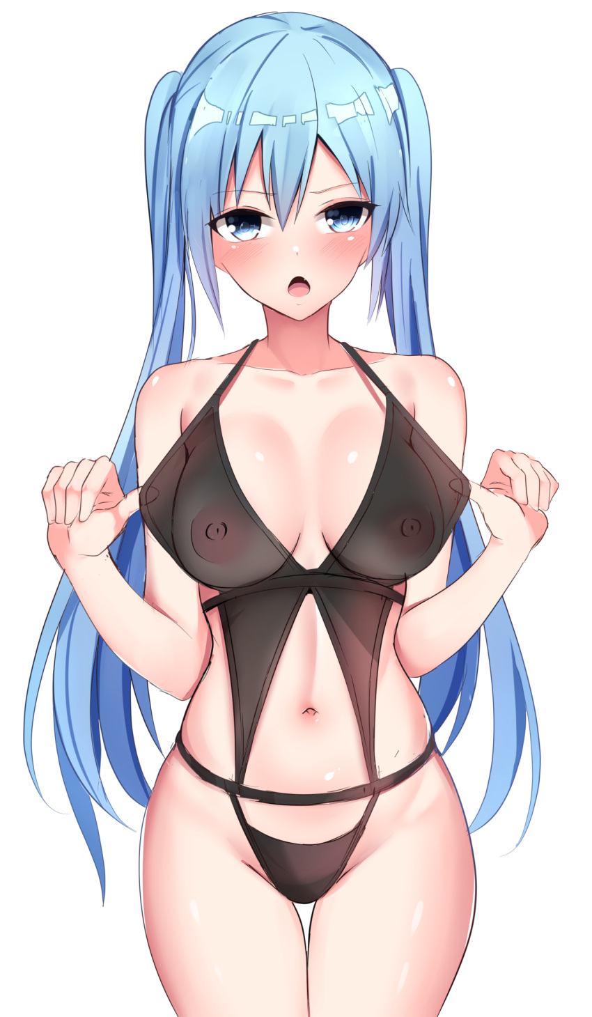 1girl babydoll bangs baretto_(karasi07) blue_eyes blue_hair blush breasts cowboy_shot groin halterneck hatsune_miku highres long_hair looking_at_viewer navel nipples open_mouth panties see-through simple_background solo thighs twintails underwear underwear_only very_long_hair vocaloid white_background