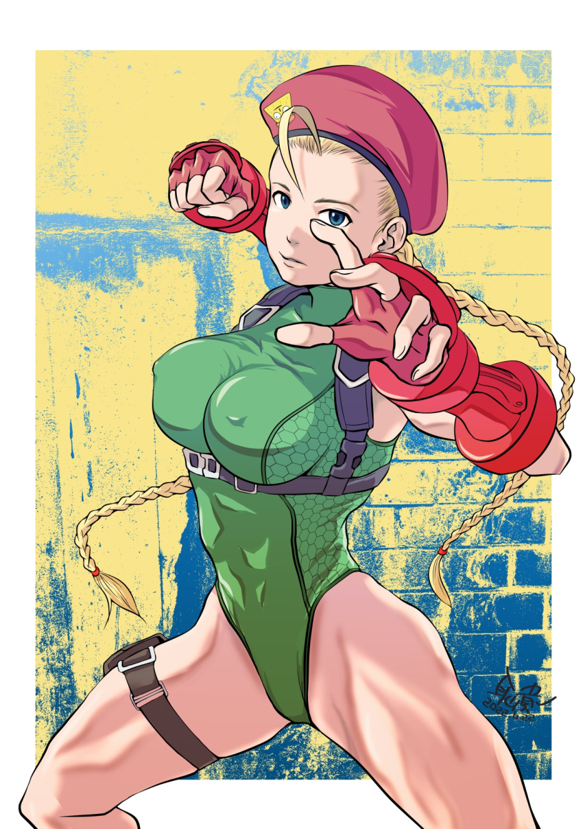 1girl ahoge beret blonde_hair blue_eyes braid breasts cammy_white commentary_request covered_nipples cowboy_shot drill_hair fingerless_gloves gloves green_leotard hat highleg highleg_leotard highres holster huge_ahoge large_breasts leotard looking_at_viewer low_twintails mimiyama_kiichi muscular muscular_female red_gloves red_headwear scar scar_on_cheek scar_on_face solo street_fighter street_fighter_v thigh_holster thigh_strap translated twin_braids twin_drills twintails