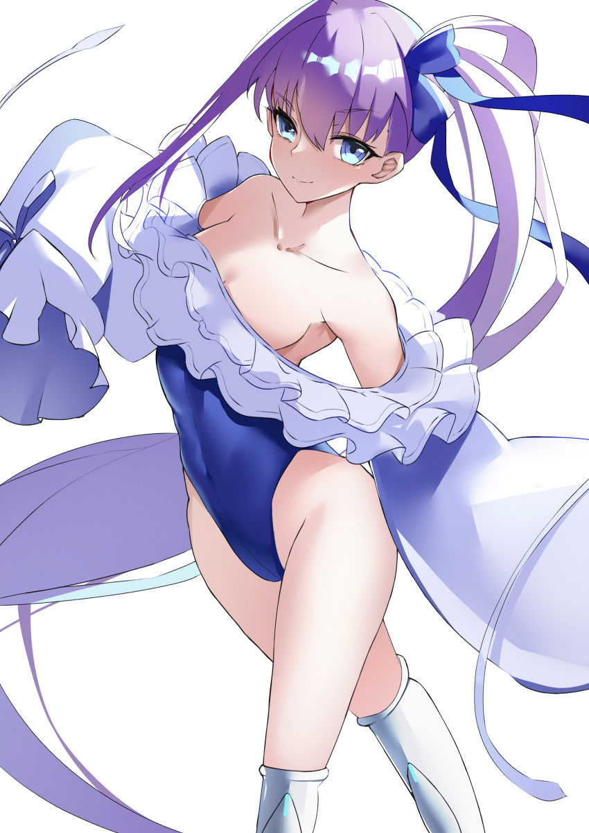 1girl absurdres bangs bare_shoulders blue_eyes blue_ribbon blush breasts choker collarbone fate/grand_order fate_(series) frills hair_ribbon highleg highleg_swimsuit highres long_hair long_sleeves looking_at_viewer meltryllis_(fate) meltryllis_(swimsuit_lancer)_(fate) meltryllis_(swimsuit_lancer)_(second_ascension)_(fate) musicatopos off-shoulder_one-piece_swimsuit off_shoulder one-piece_swimsuit one_side_up prosthesis prosthetic_leg puffy_sleeves purple_hair ribbon sleeves_past_fingers sleeves_past_wrists small_breasts smile solo swimsuit thighs very_long_hair white_ribbon