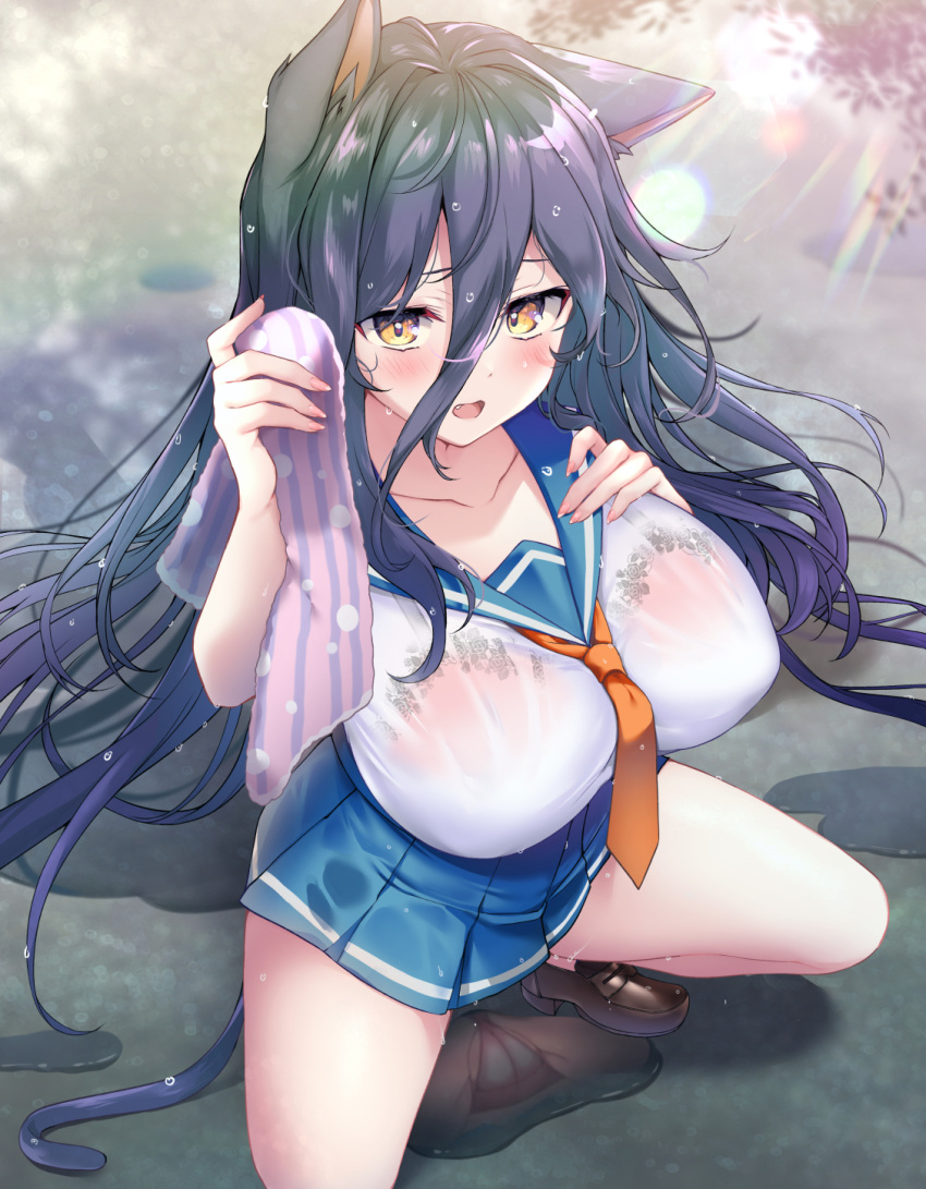 1girl after_rain animal_ears blue_skirt blush bra bra_visible_through_clothes breasts brown_footwear cat_ears cat_girl cat_tail collarbone fang from_above hair_between_eyes highres holding holding_towel kaniya_shiku lace-trimmed_bra lace_trim large_breasts loafers long_hair looking_at_viewer miniskirt mirror_image necktie open_mouth orange_necktie original outdoors panties pink_bra pink_panties pleated_skirt puddle purple_hair sailor_collar school_uniform see-through serafuku shirt shoes short_sleeves skirt solo squatting tail towel underwear very_long_hair water wet wet_clothes wet_hair wet_shirt white_shirt yellow_eyes