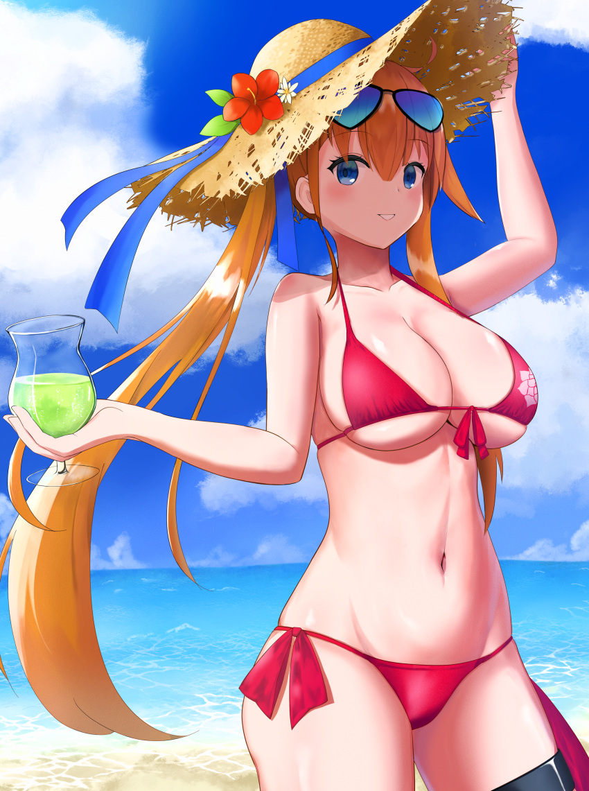 1girl absurdres arichi beach bikini blue_bow blue_eyes blue_sky bow breasts cloud commentary_request cowboy_shot day eyewear_on_head fal_(girls'_frontline) front-tie_top girls'_frontline glass hat highres horizon large_breasts long_hair navel outdoors side-tie_bikini side_ponytail sky solo standing straw_hat sun_hat sunglasses swimsuit twintails